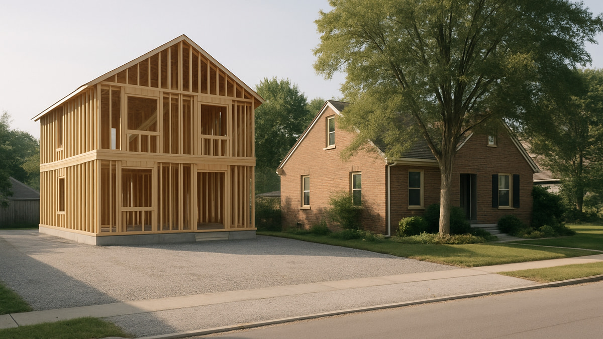A newly framed two-storey house on a gravel lot stands beside a finished brick home with a mature front tree on a quiet street.