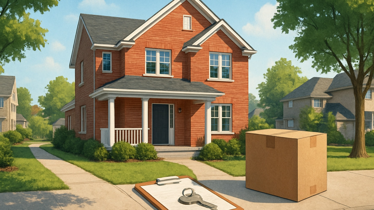 Illustrative Ottawa-area resale home with a moving box and buyer clipboard, representing a guided Ontario home-buying journey.
