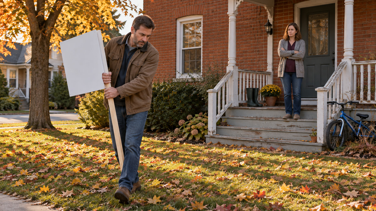 A man carries a blank sign across the lawn of a brick family home while a woman watches from the porch steps with her arms folded
