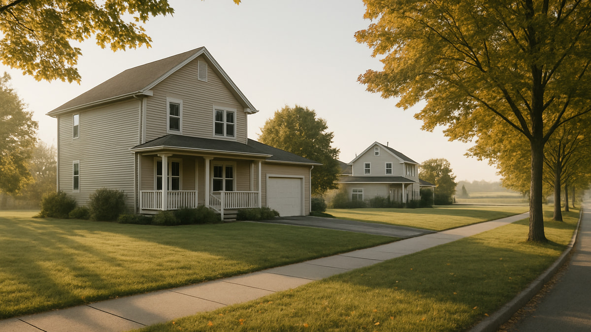 A two-storey detached home with a covered porch and attached garage on a quiet tree-lined street beside open fields.