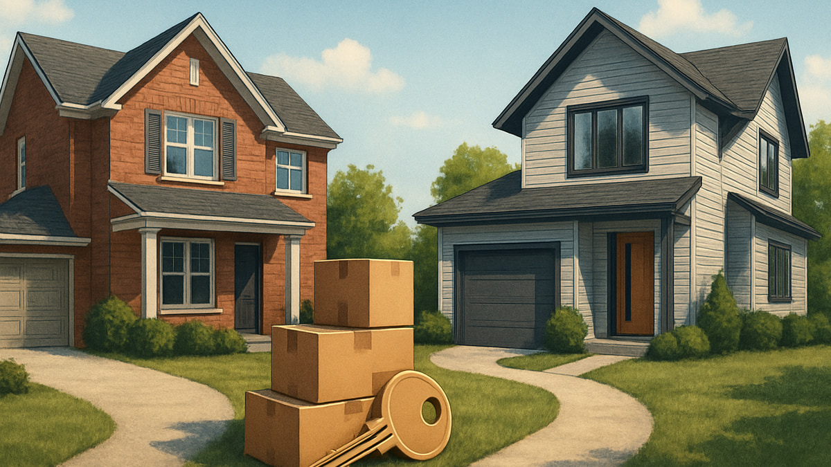 Illustrative two-home transition with moving boxes and a key, representing the choice between selling first and buying first in Ontario.