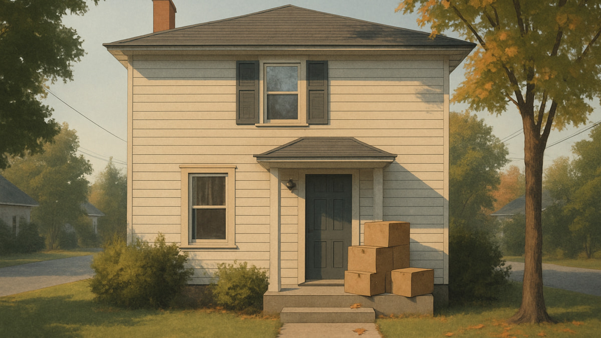 Illustrative early autumn view of an ordinary two storey Eastern Ontario home with plain moving boxes stacked beside the front step.
