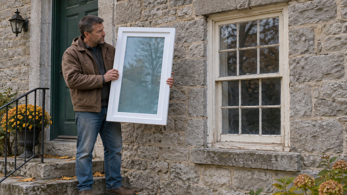Man on the steps of an old limestone house holds a new white vinyl window beside the original wooden sash window