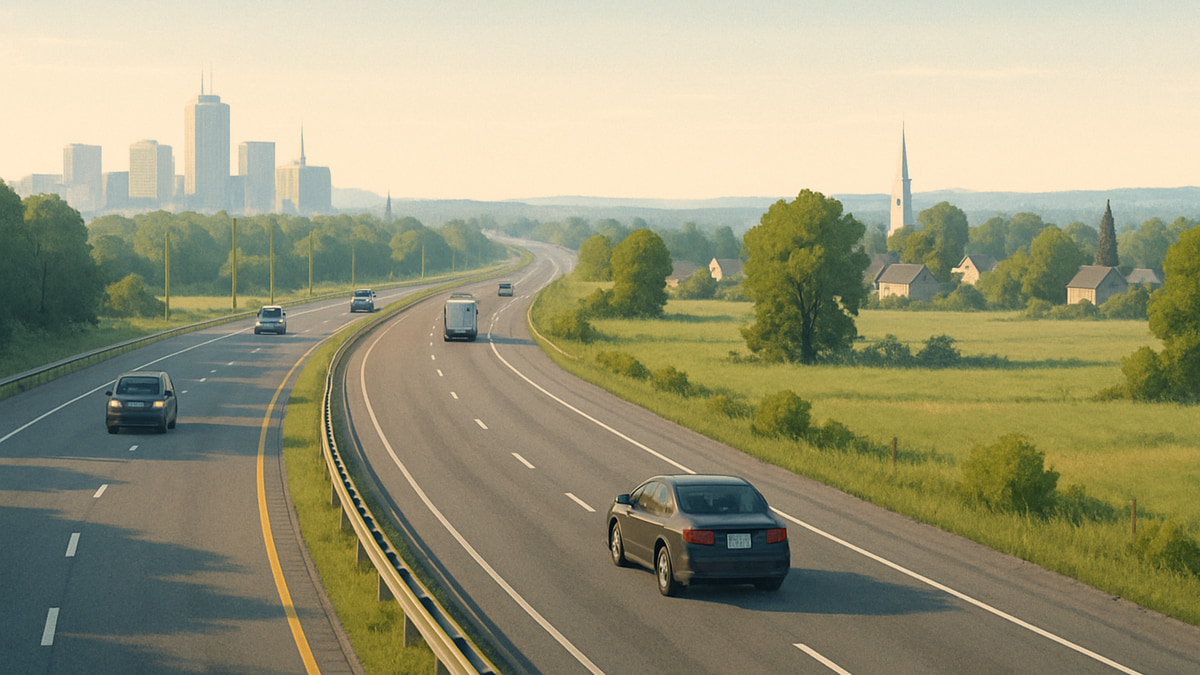 Illustrative highway corridor transitioning from an urban skyline to a small rural community, representing the Ottawa to Kemptville commute.