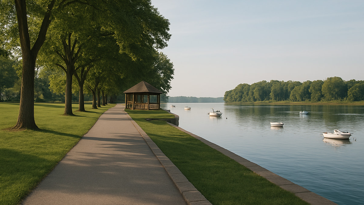 Paved riverfront walking path beside a stone seawall, with mature shade trees, a wooden gazebo and small boats moored on calm water.