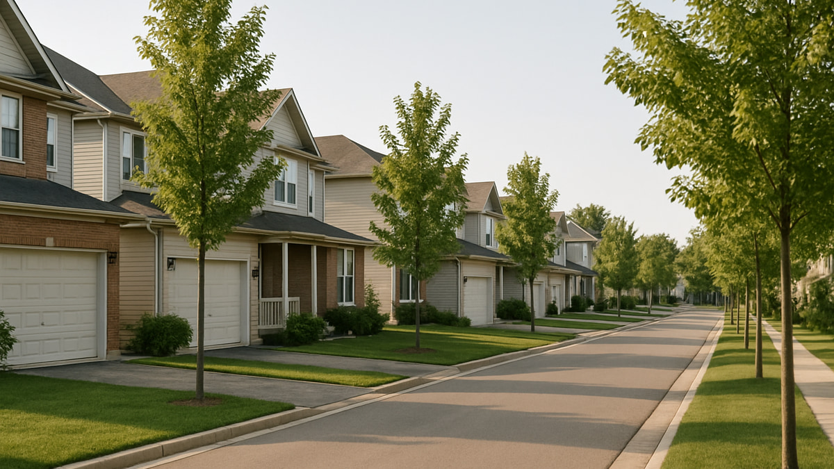 Tree-lined suburban street of two-storey brick and siding homes with attached garages, sidewalks and young maple trees on a clear morning.
